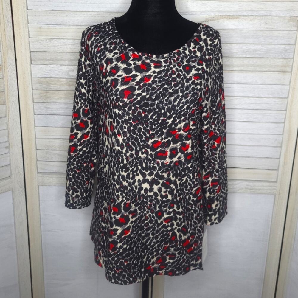 New Animal Print Top Womens Small Tunic Shirt 3/4 Sleeve Red Black Blouse